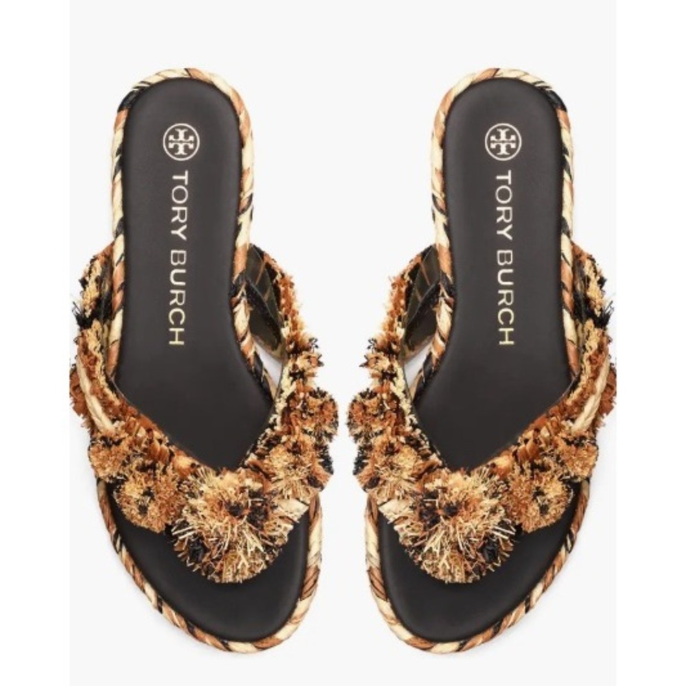 Tory Burch Fringe Raffia Sandals Black Tan Multi Color Braided Flip Flop Slide 8